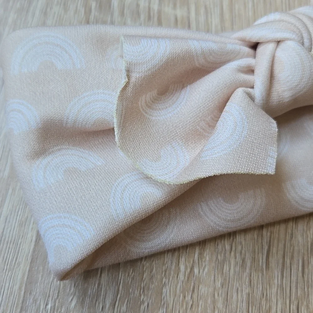 Retro Rainbow Knotted Headband Neutral Boho Beige Hair Wrap Soft Stretch Top